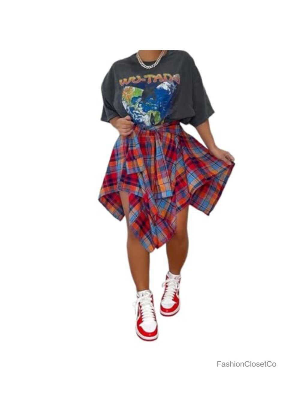 Plaid Asymmetrical High Waist Knot Skirt for Women Flannel A-Line Mini Skirt